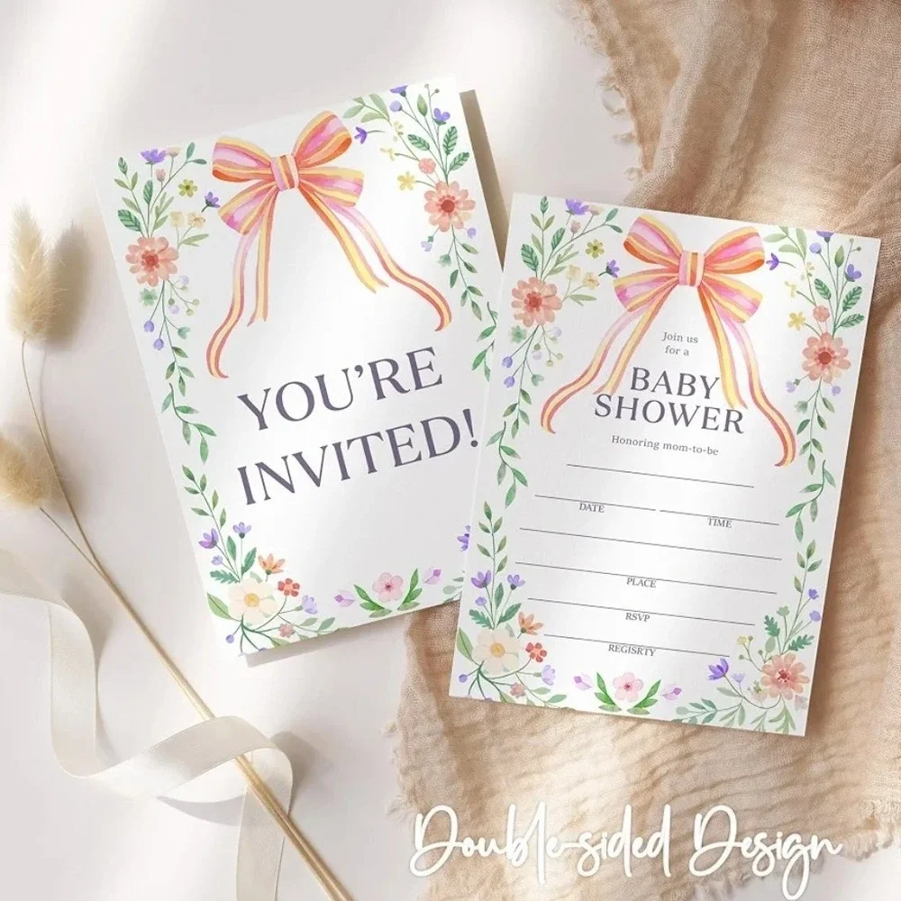 Baby Shower Invitations 25 Count Floral Pink Bow 4x6 A03